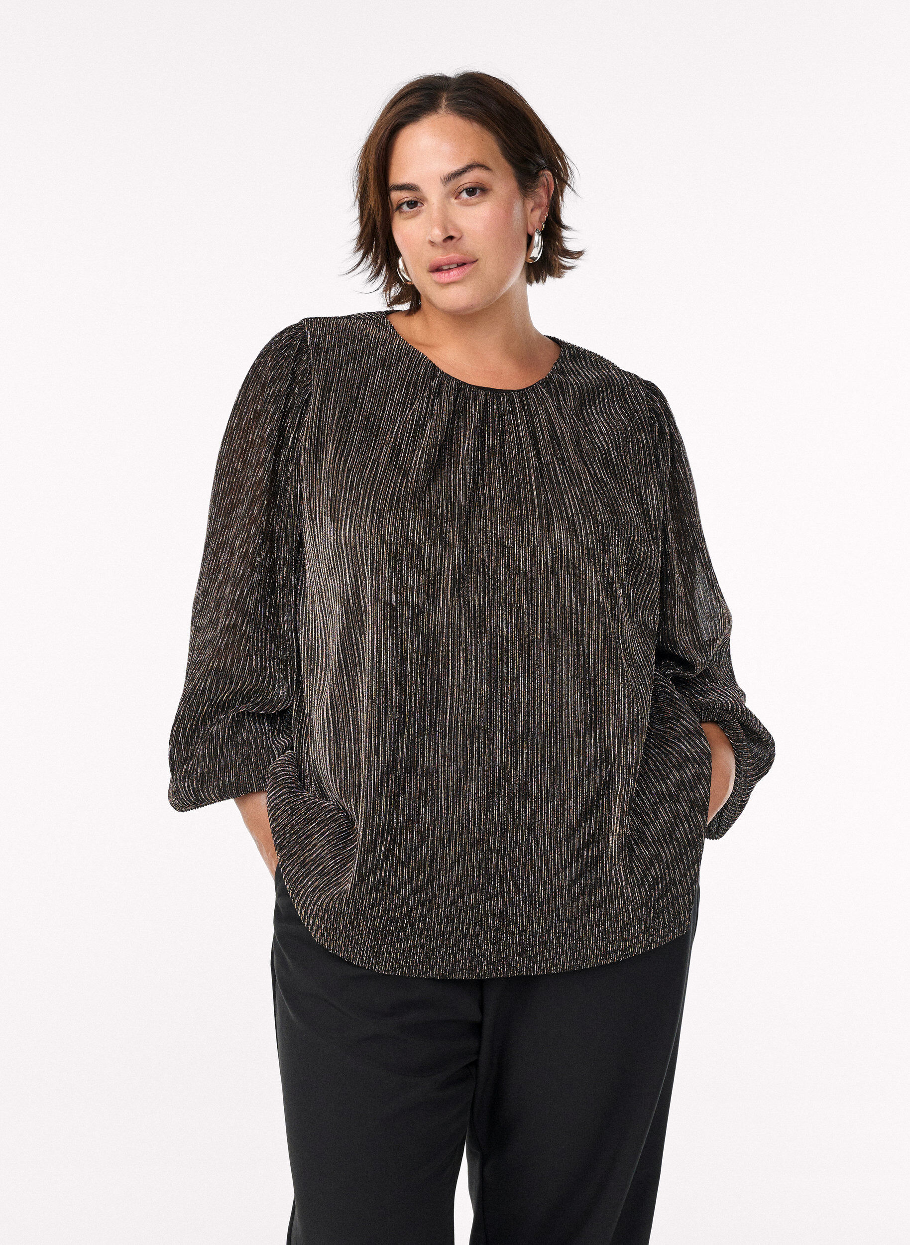 Party blouse with glitter stripes and long sleeves, Black, Model