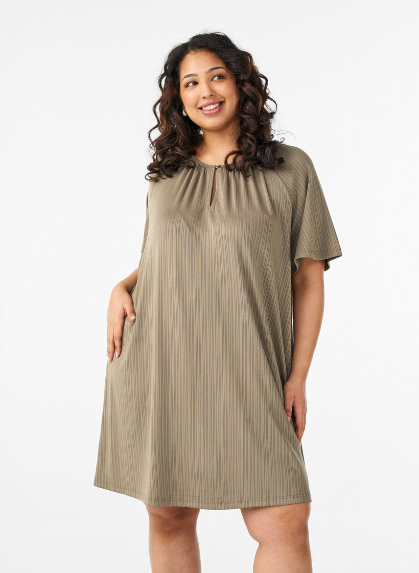 Jersey tunic with textured stripes, Brown, Model image number 0
