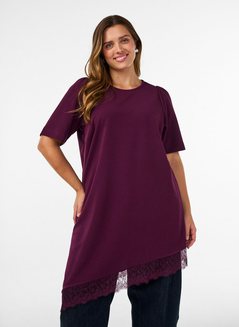 Tunic with asymmetric lace trim, Purple, Model image number 0