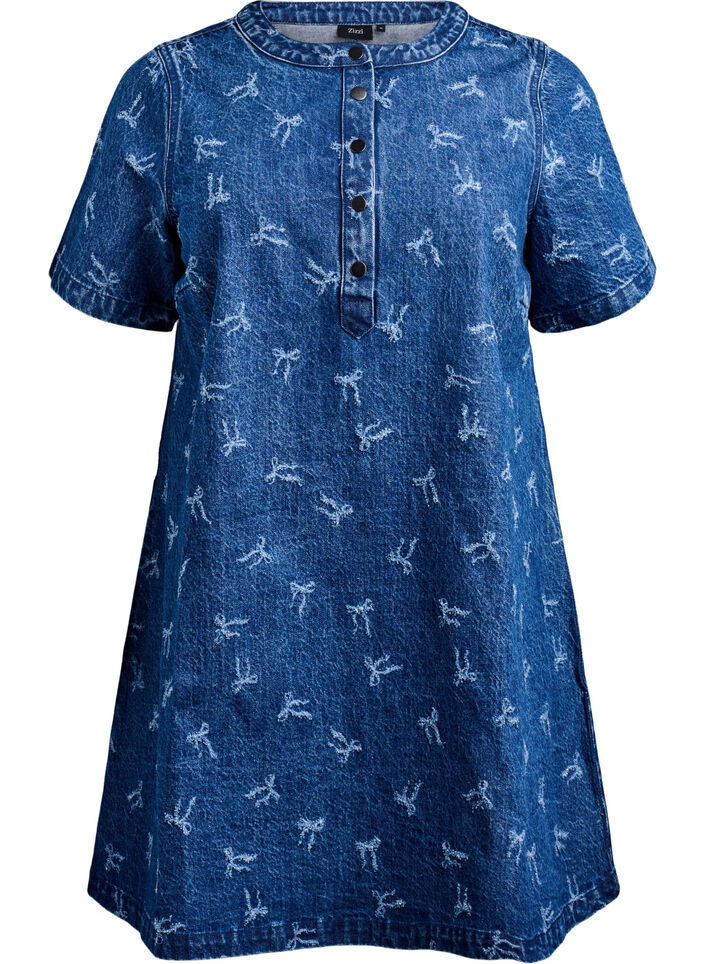 Short denim dress with an A-line cut and floral pattern, Blue, Packshot image number 0