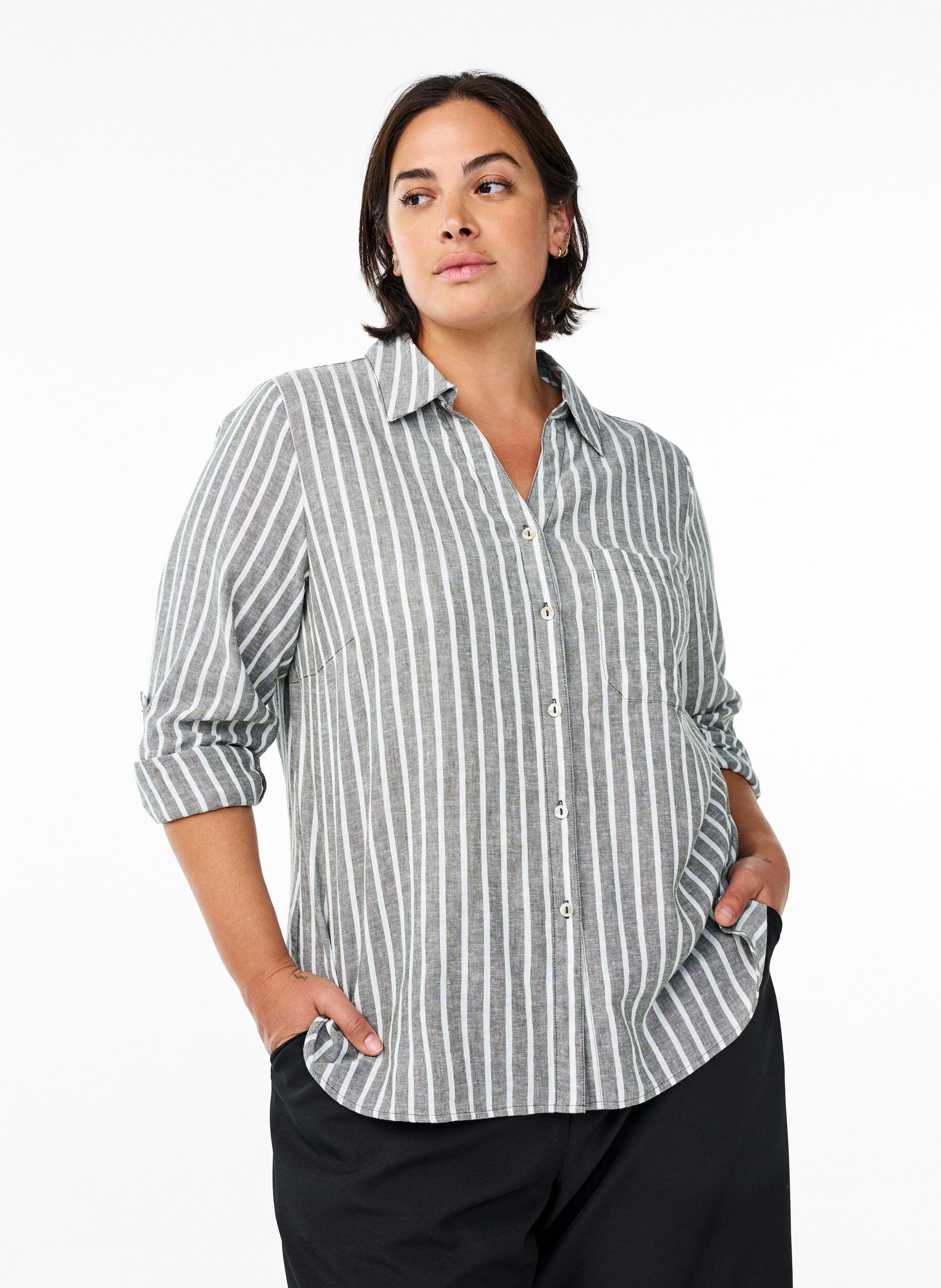 Zizzifashion Shirt in linen and viscose with 3/4 sleeves, Green, Model image number 0