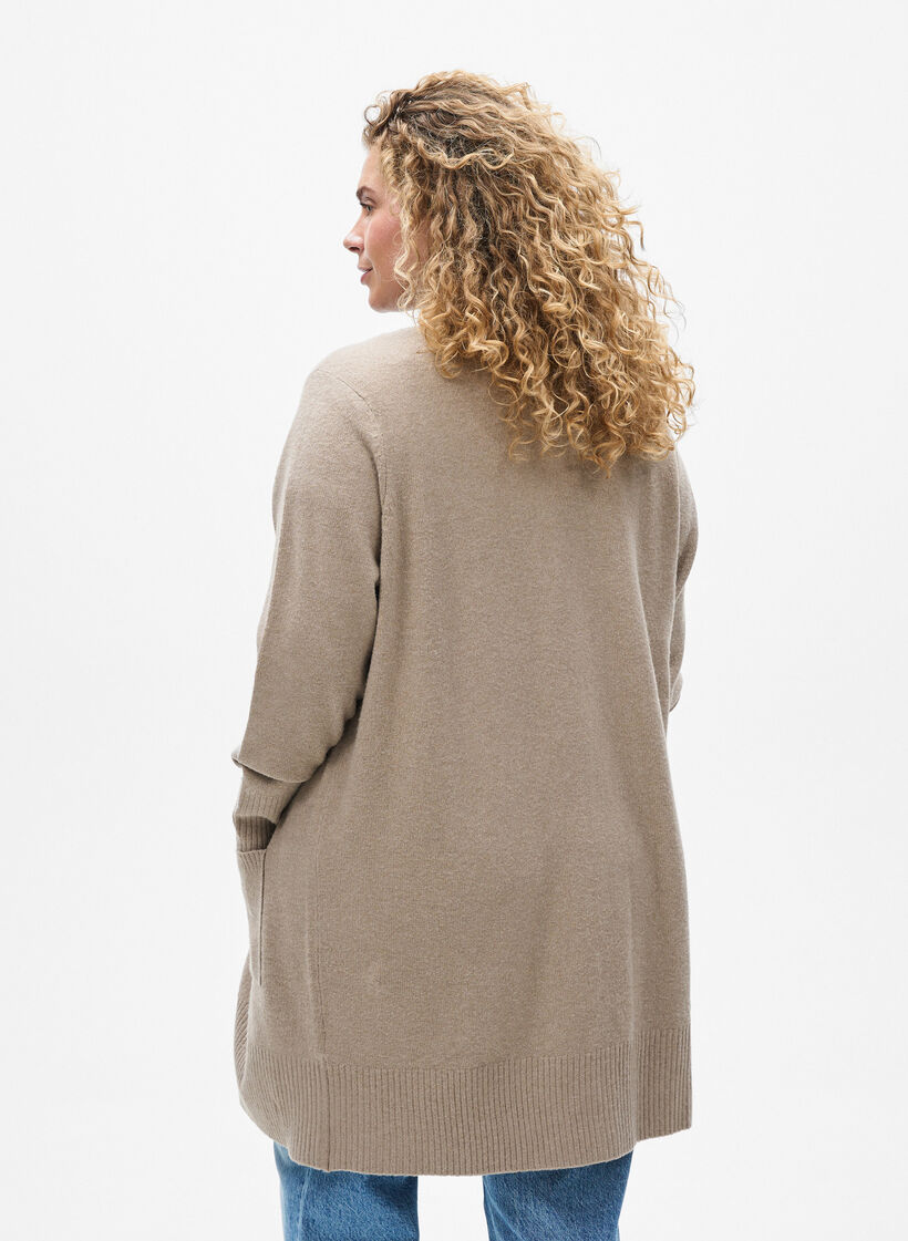 Ribbed Knit Cardigan with Pockets, Beige, Model image number 2
