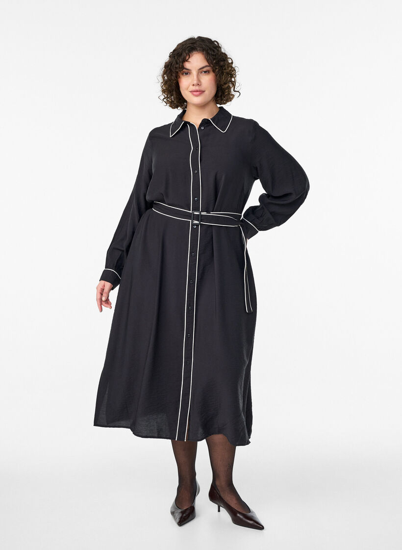 Midi shirt dress with contrast edges, Black, Model image number 0