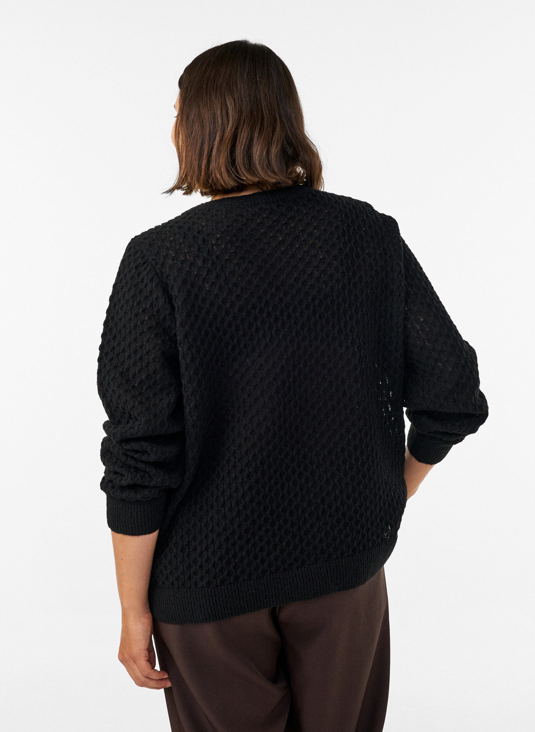ZizzifashionKnitted blouse with a textured openwork pattern, Black, Model image number 2