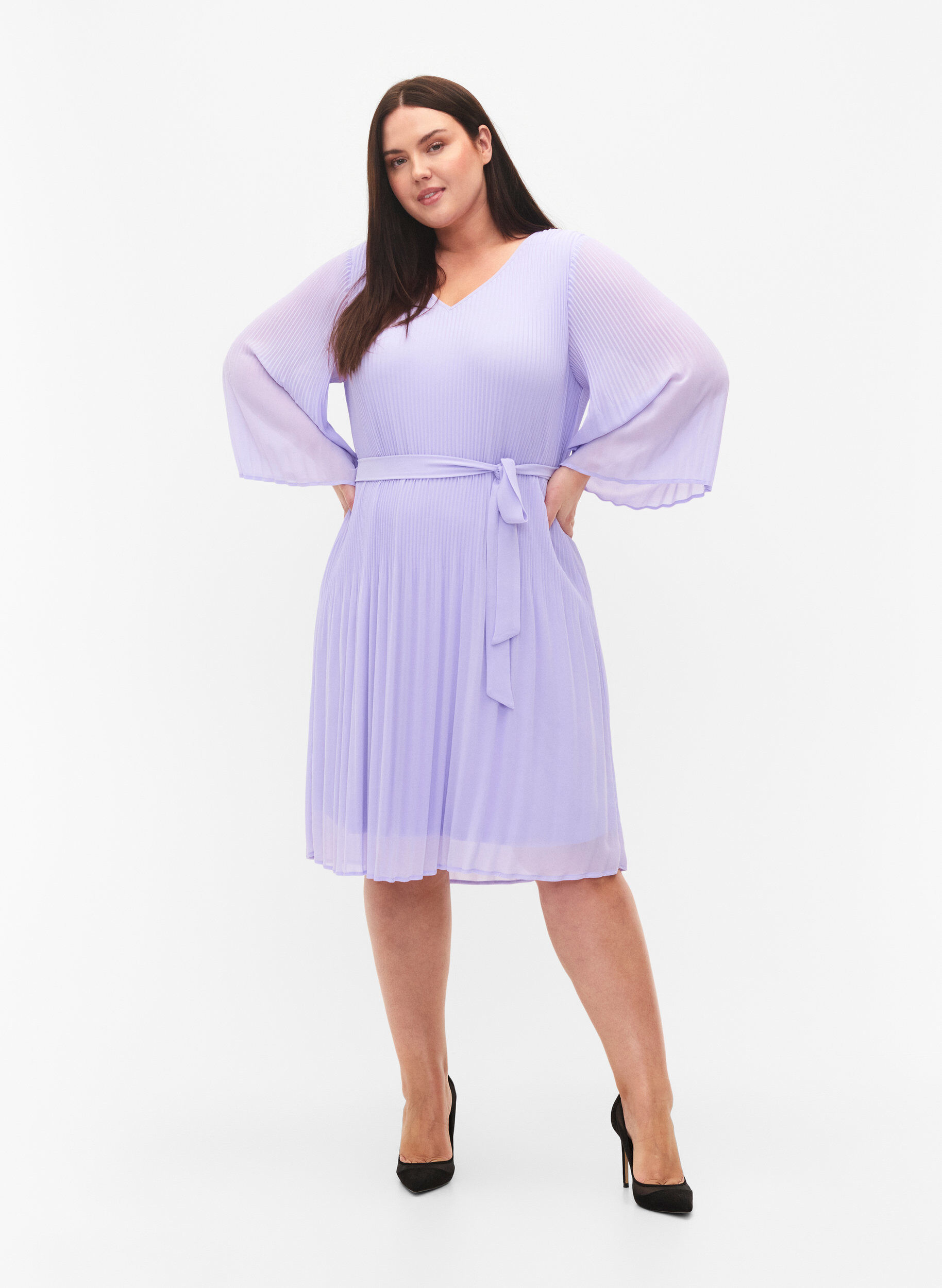 Zizzifashion Pleated dress with 3/4 sleeves, Lavender, Model image number 2