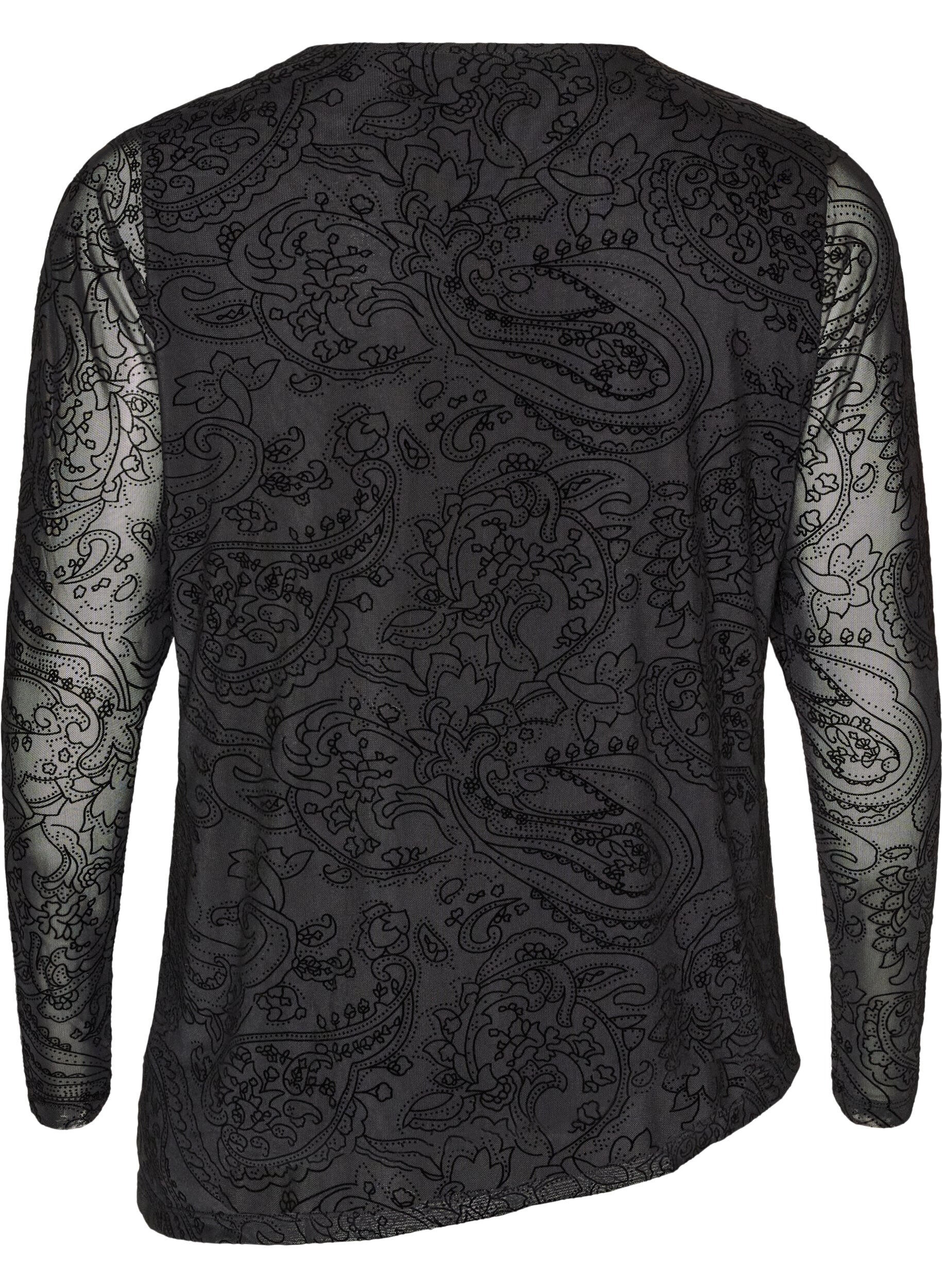 ZizzifashionMesh blouse with paisley print and asymmetrical hem, Black, Packshot image number 1