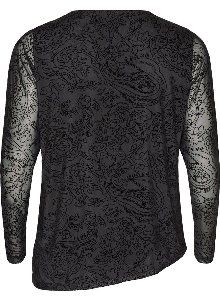Mesh blouse with paisley print and asymmetrical hem, Black, Packshot image number 1