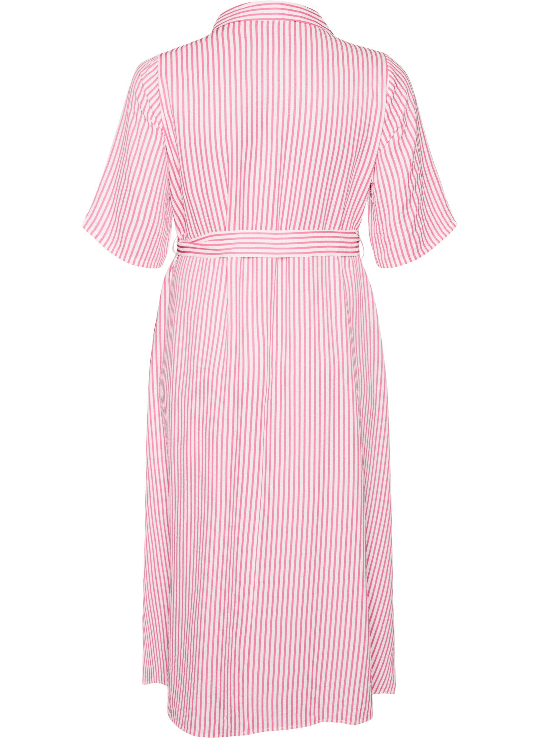 Zizzifashion Ankle-length shirt dress with tie belt and stripes, Pink, Packshot image number 1