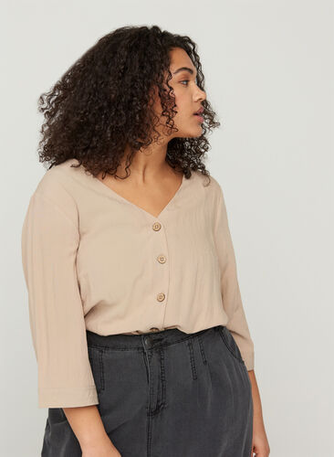 Viscose blouse with buttons and v-neck, Light Taupe , Model image number 0