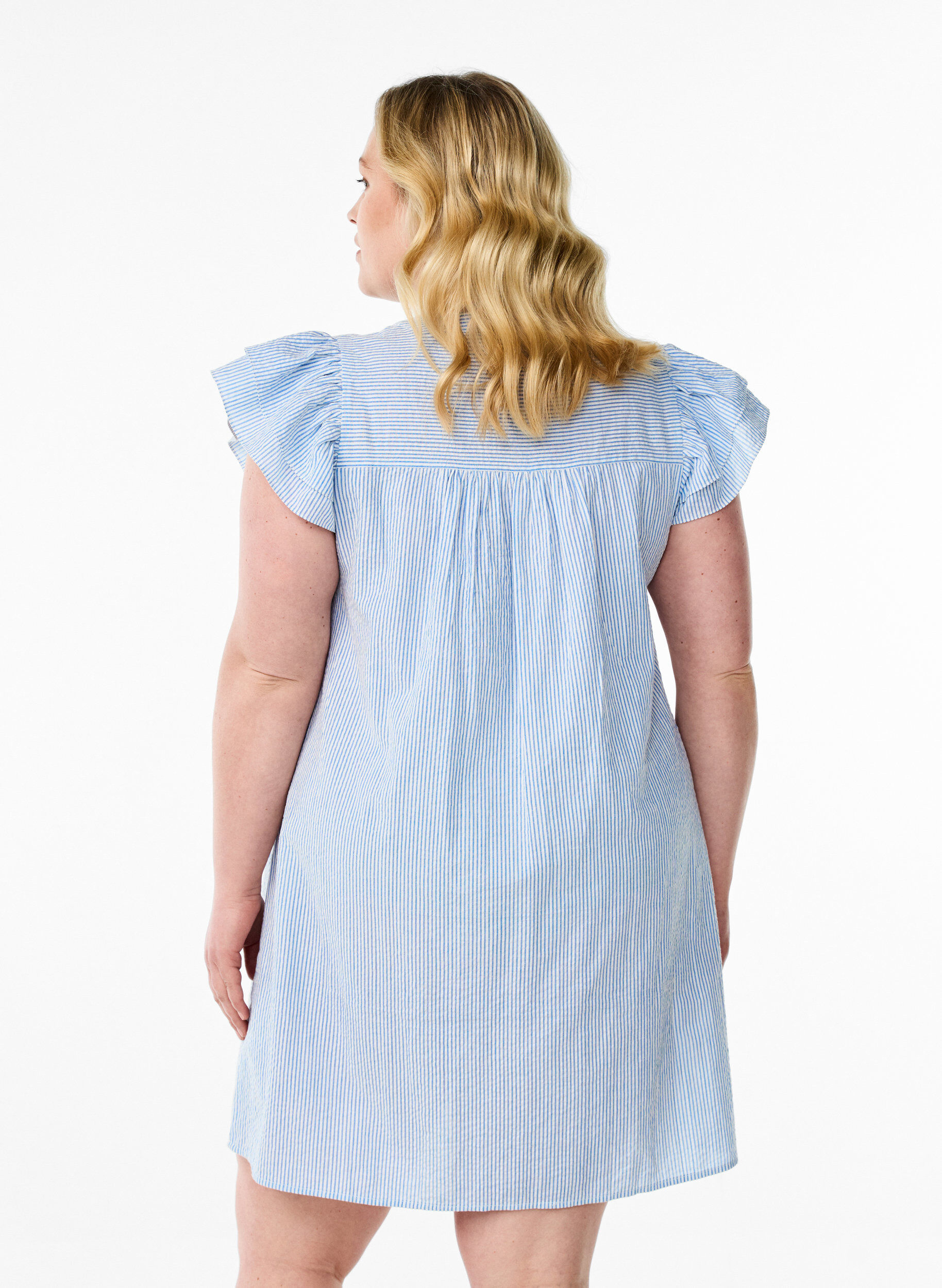 Zizzifashion Short striped dress with ruffles, Light Blue, Model image number 2