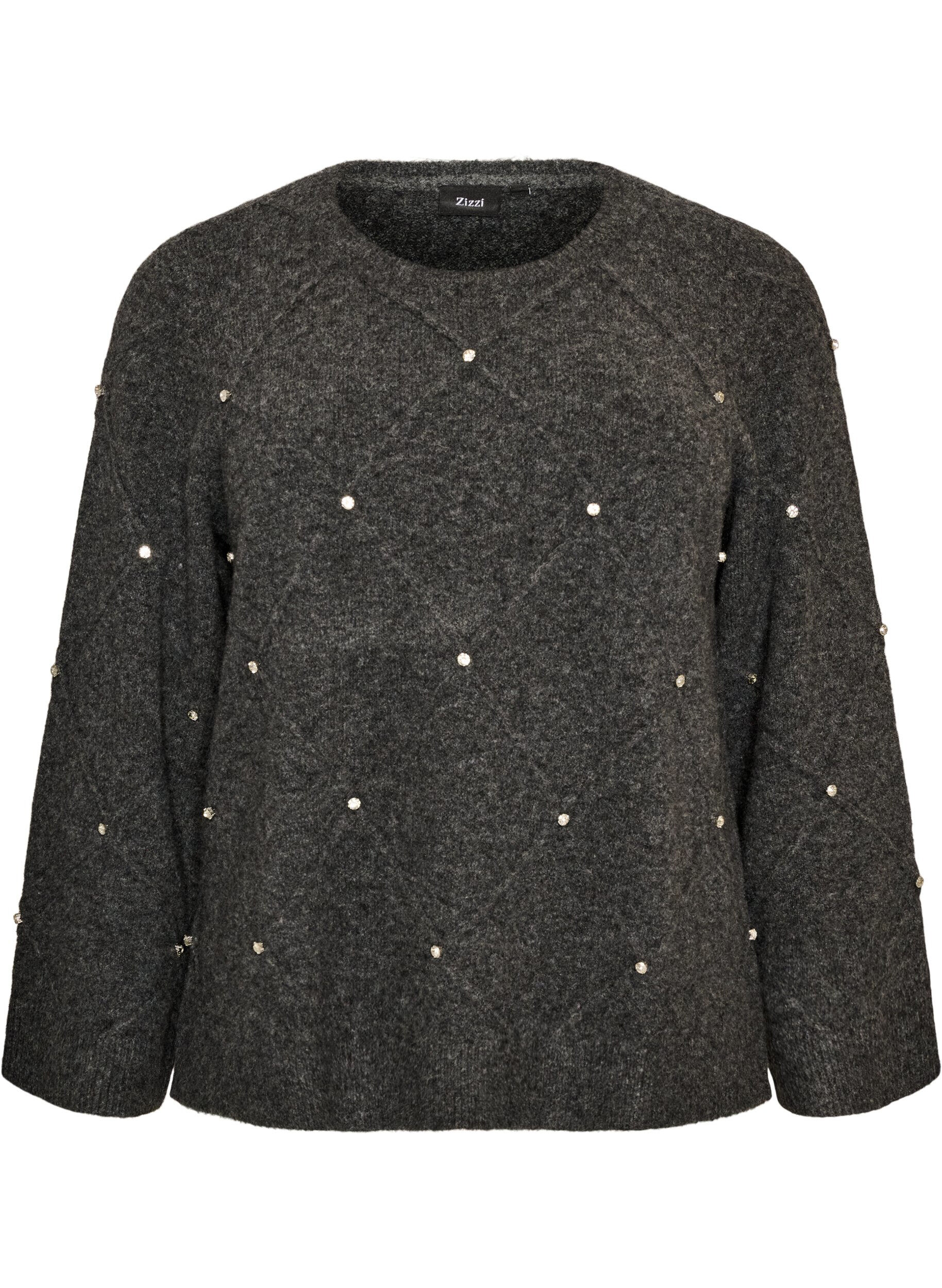 ZizzifashionKnitted blouse with rhinestones and diamond pattern, Dark Grey, Packshot image number 0