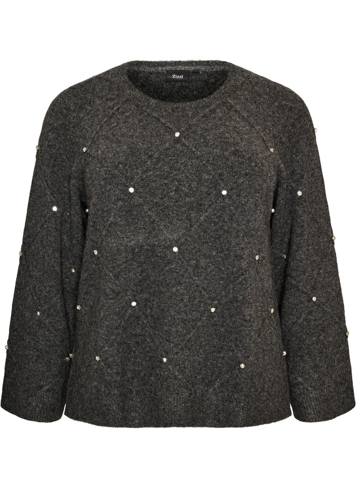 Knitted blouse with rhinestones and diamond pattern, Dark Grey, Packshot image number 0