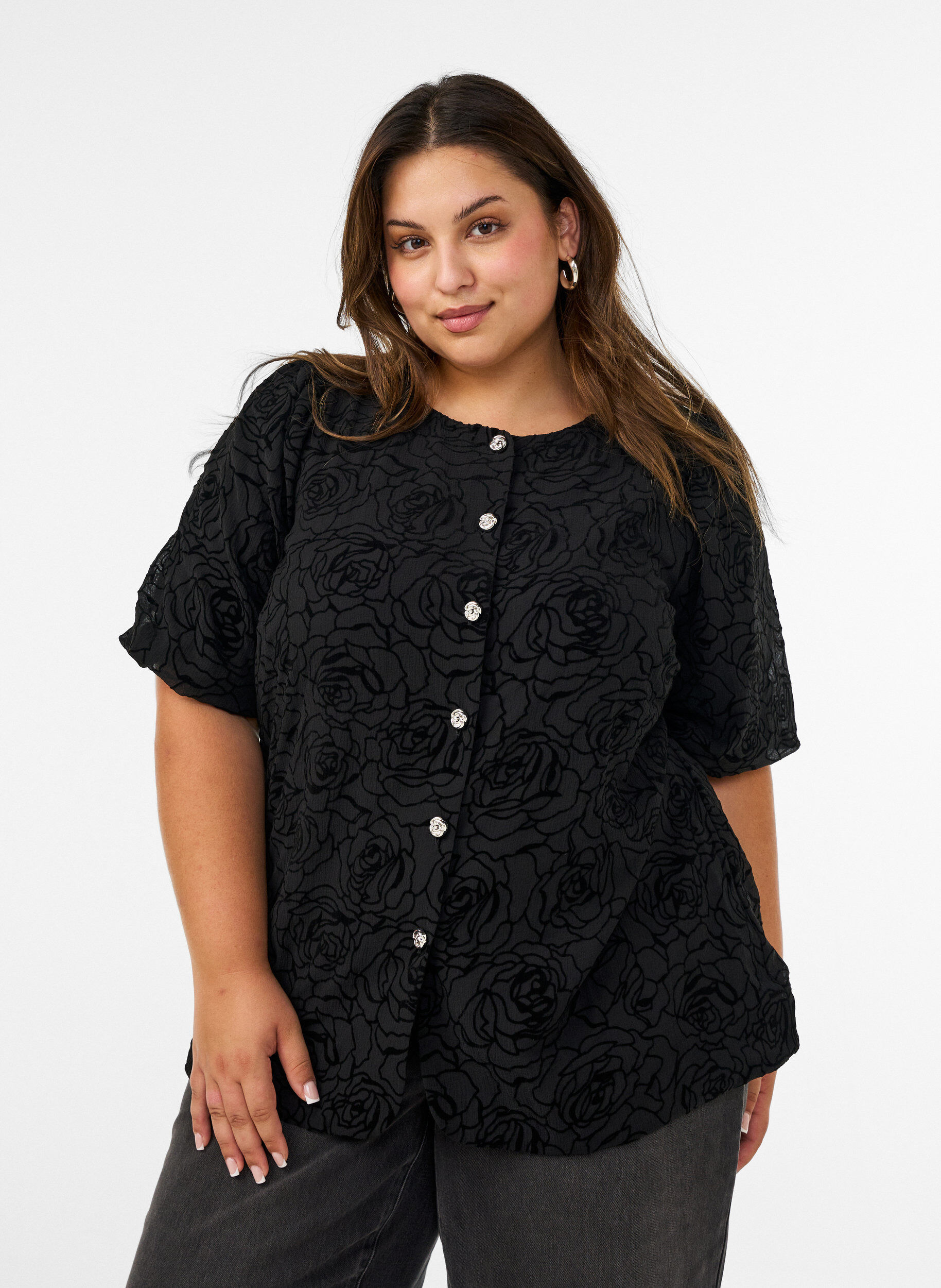 ZizzifashionBlouse with floral pattern and balloon sleeves, Black, Model image number 0