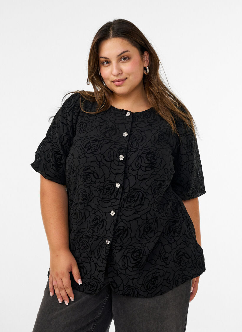 Blouse with floral pattern and balloon sleeves, Black, Model image number 0