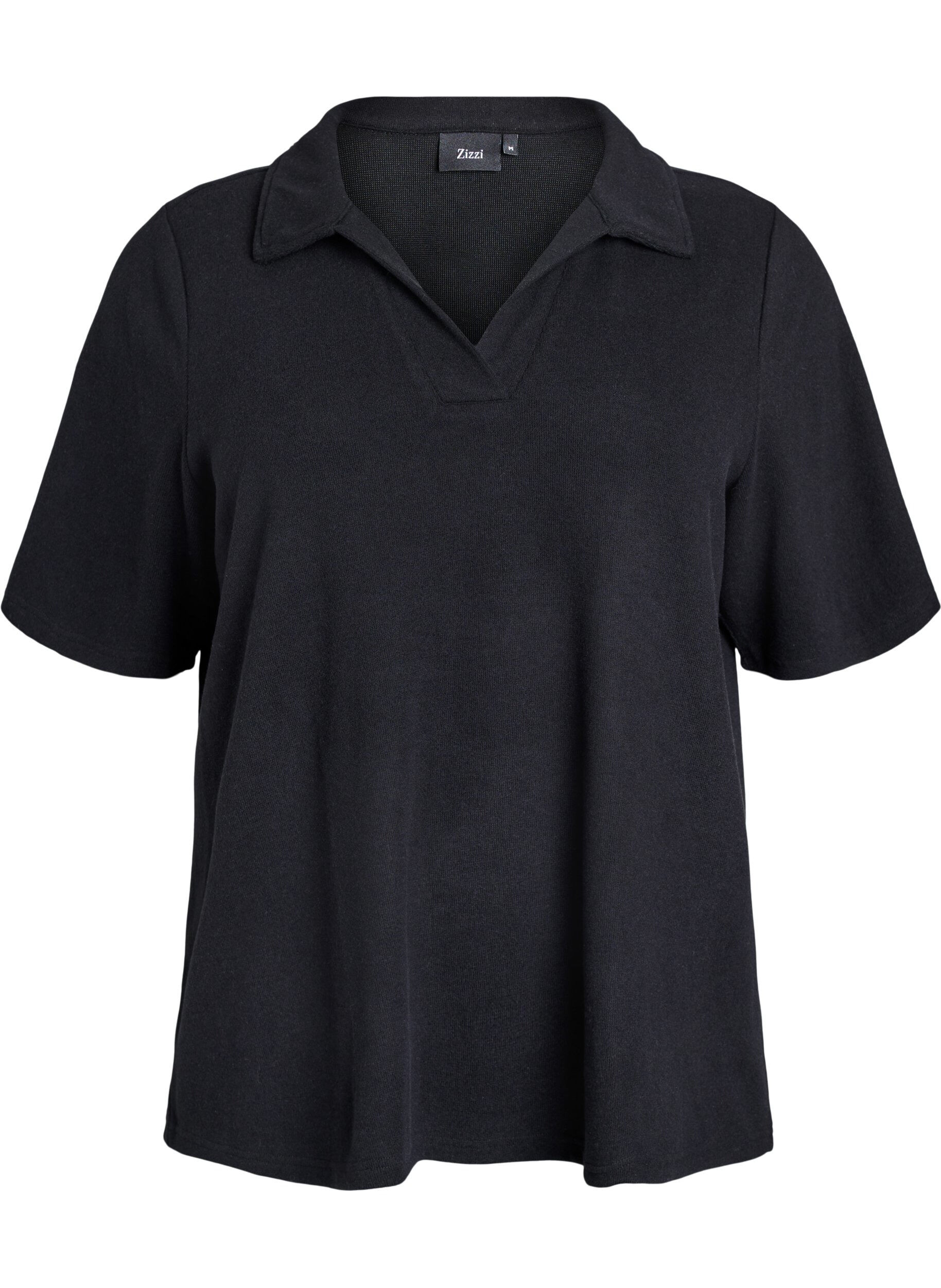 Zizzifashion Jersey blouse with collar and short sleeves, Black, Packshot image number 0