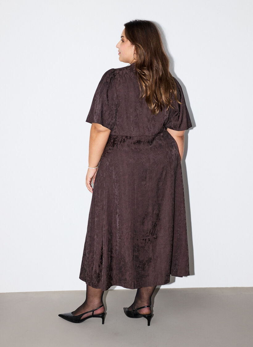 Midi jacquard dress with paisley pattern and wing sleeves, Brown, Model image number 1
