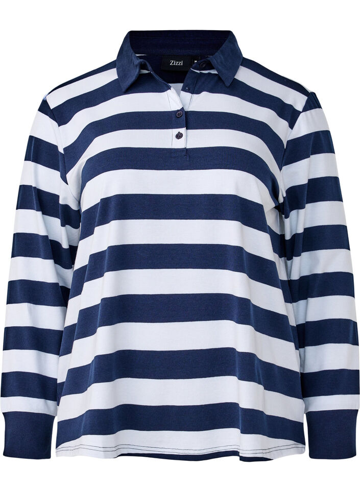 Long-sleeved polo shirt with stripes, Blue, Packshot image number 0