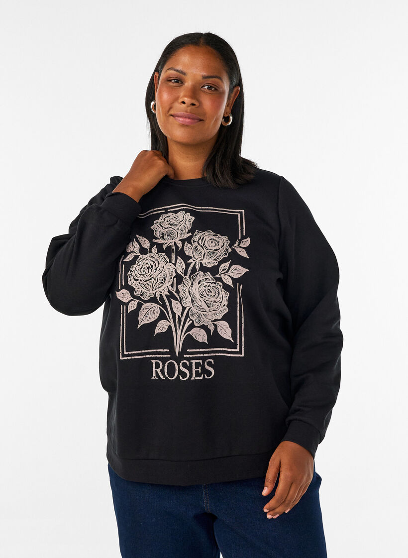 Sweatshirt with rose print and rhinestones, Black, Model image number 0