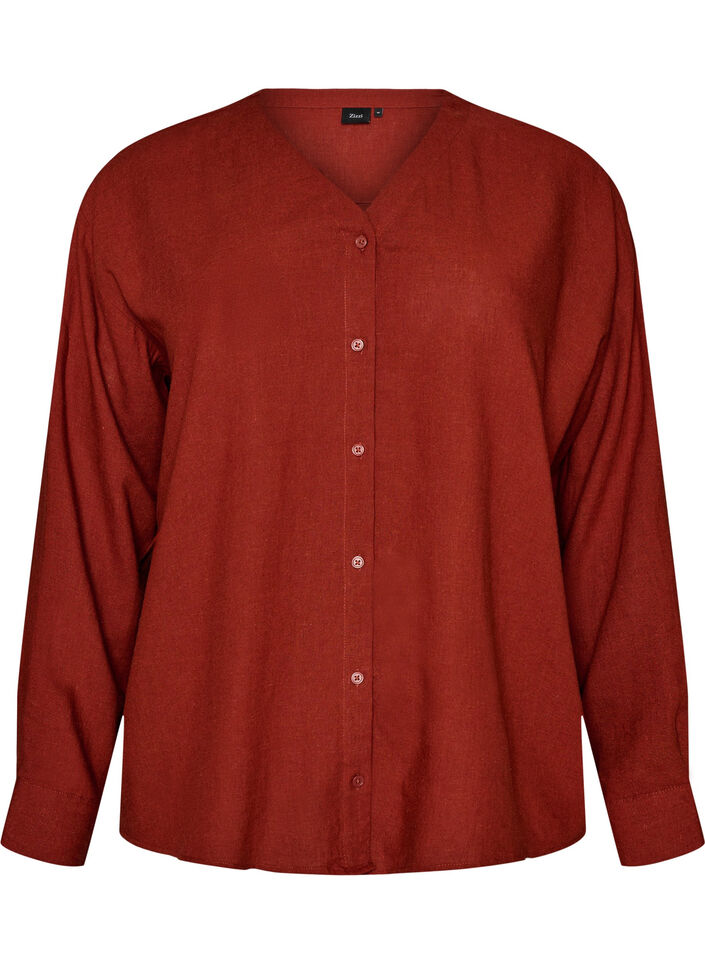 Blouse in linen and viscose with V-neck, Red, Packshot