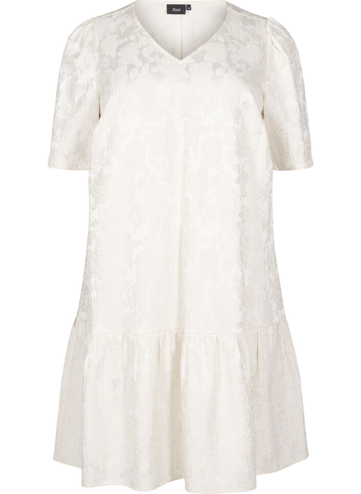 Knee-length jacquard dress with short sleeves, Whisper White, Packshot image number 0