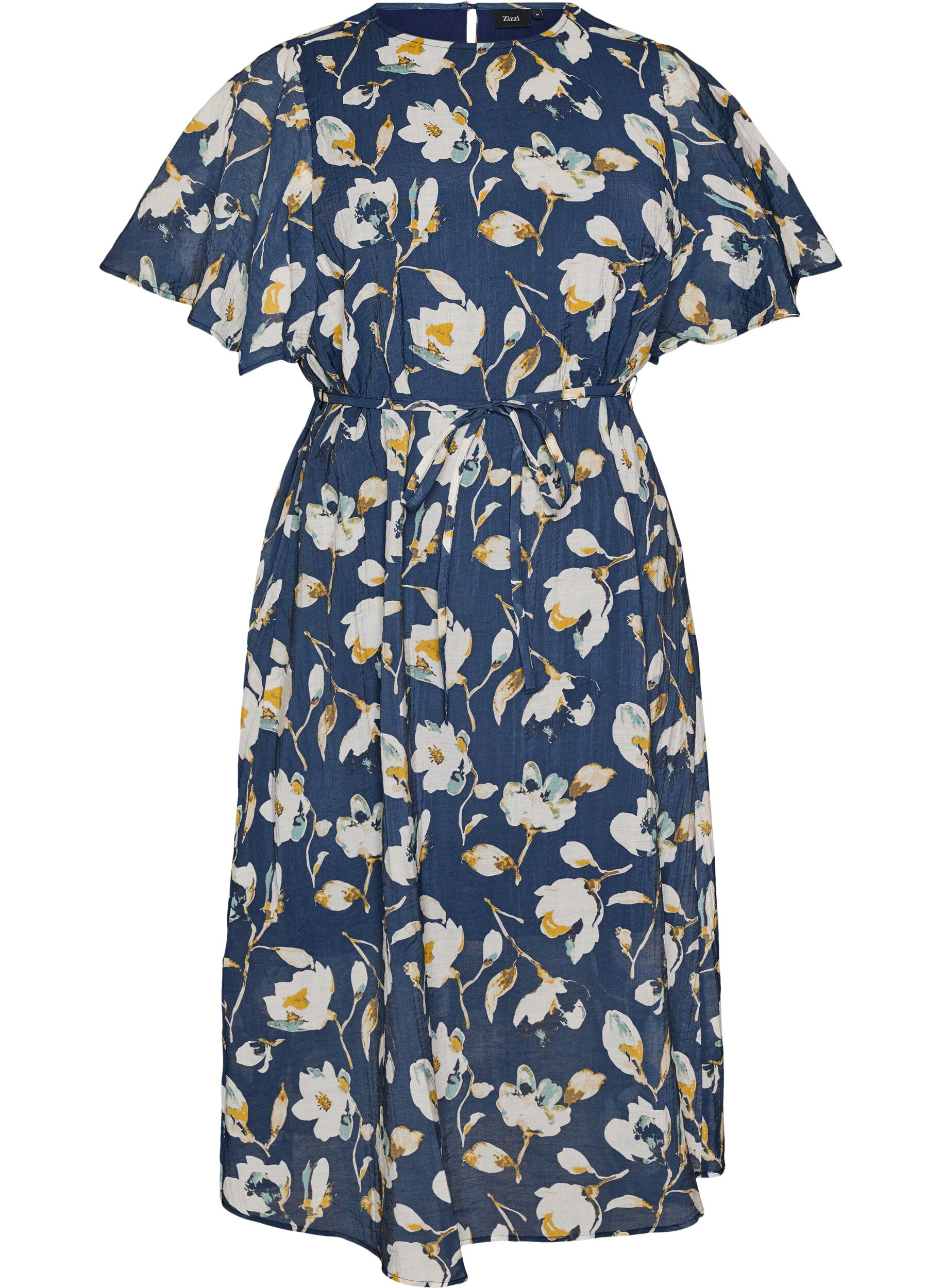 Ankle-length dress with flutter sleeves and tie-waist