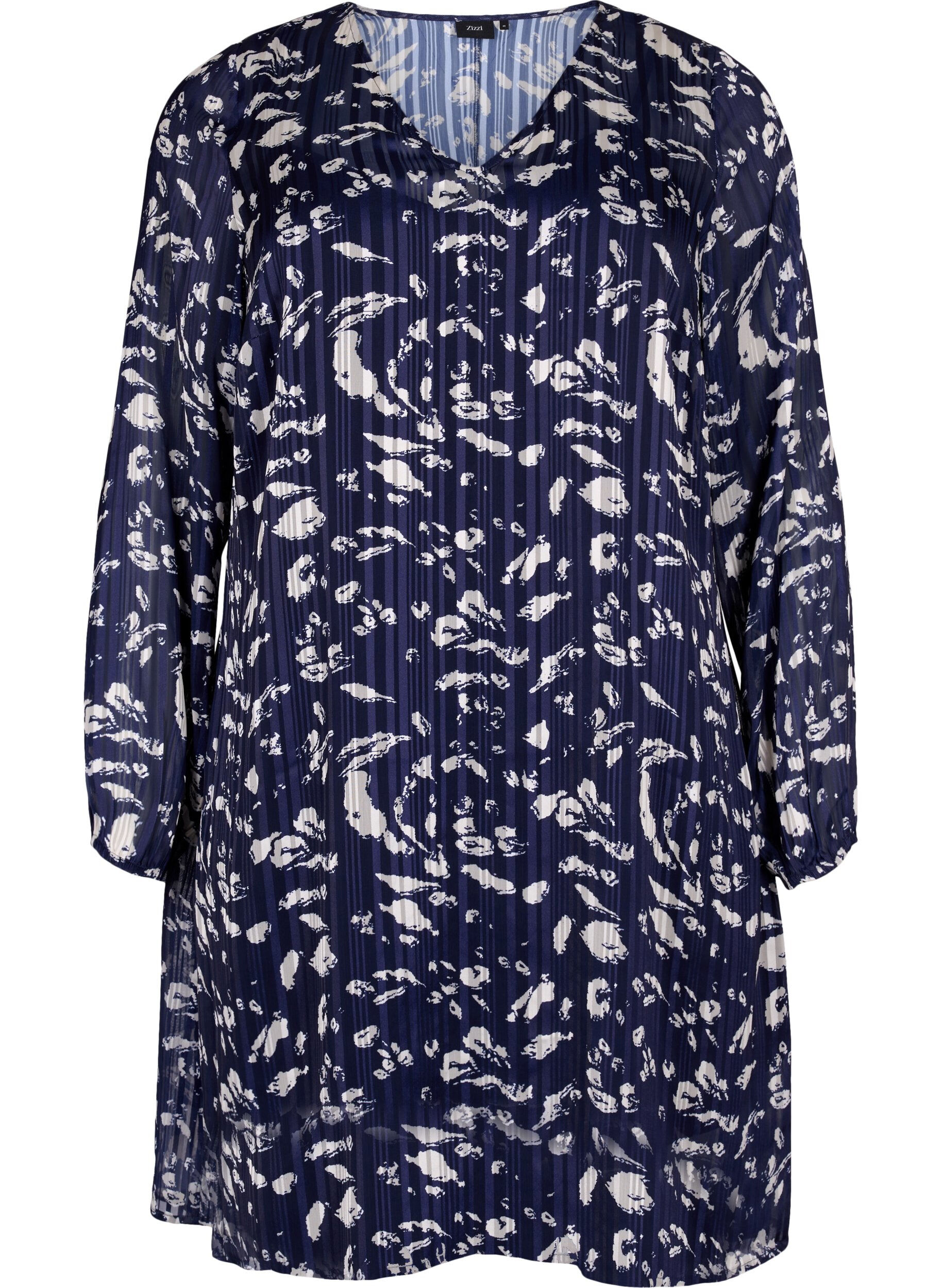 Zizzifashion Long-sleeved dress with V-neck and print, Blue Leaf AOP, Packshot image number 0