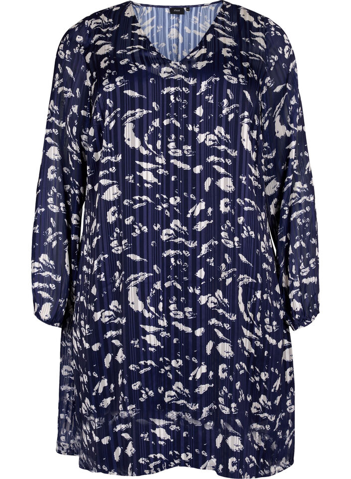 Long-sleeved dress with V-neck and print, Blue Leaf AOP, Packshot image number 0
