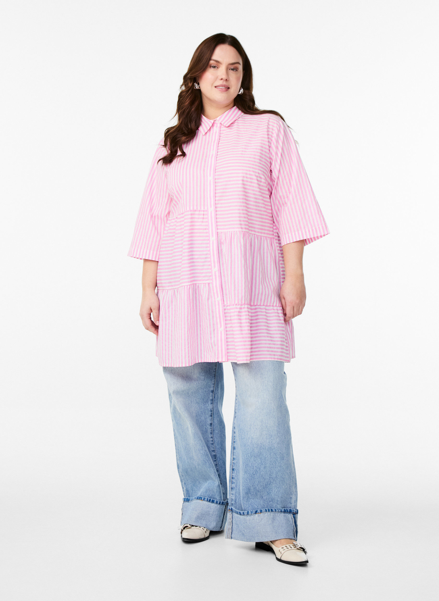 Zizzifashion Striped tunic with 3/4 sleeves and an A-line shape, Pink, Model image number 1