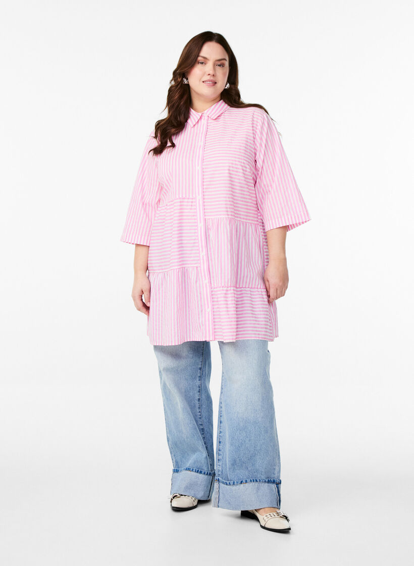 Striped tunic with 3/4 sleeves and an A-line shape, Pink, Model image number 1