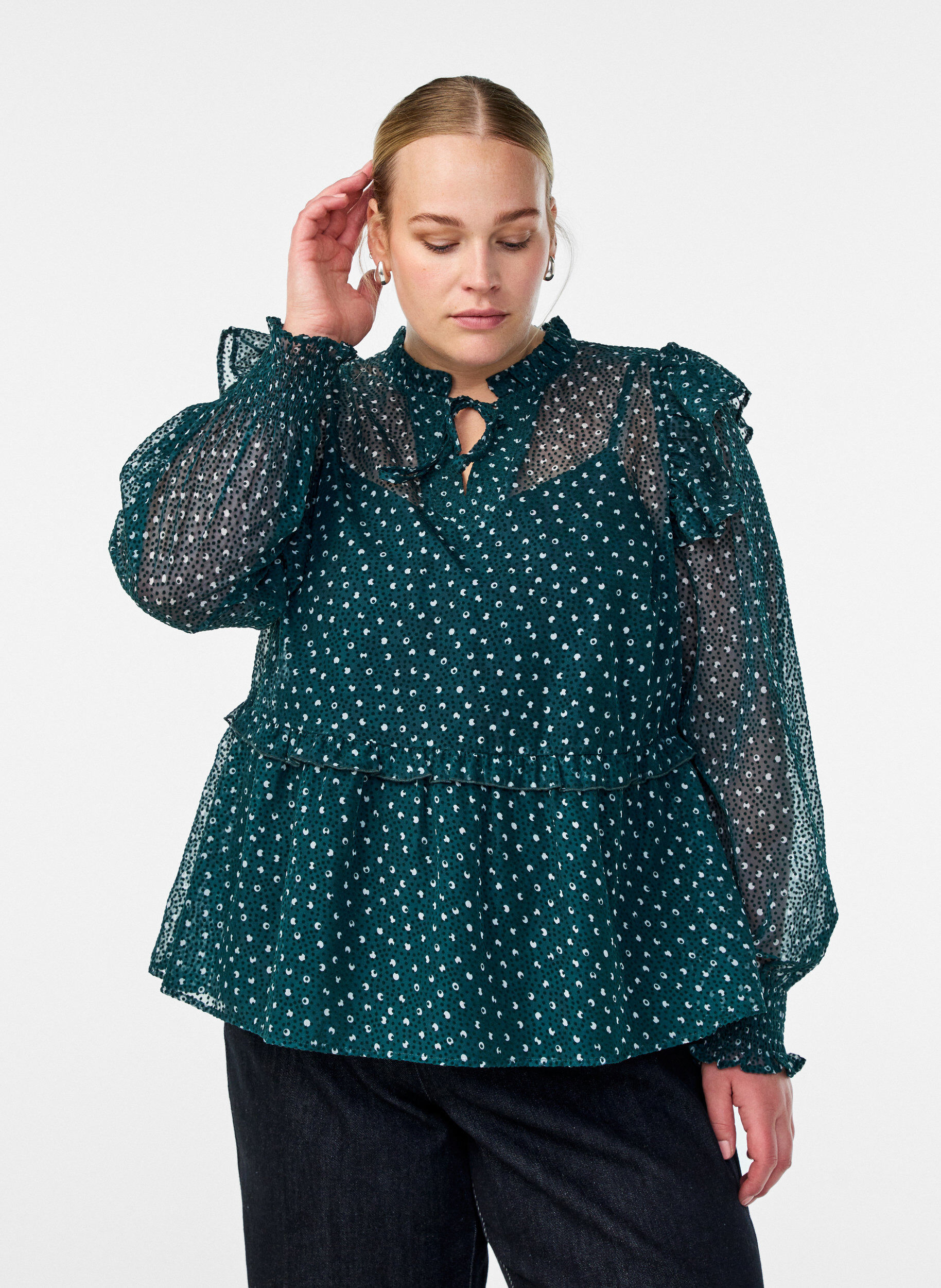 Chiffon blouse with ruffle details and small dots, Green, Model