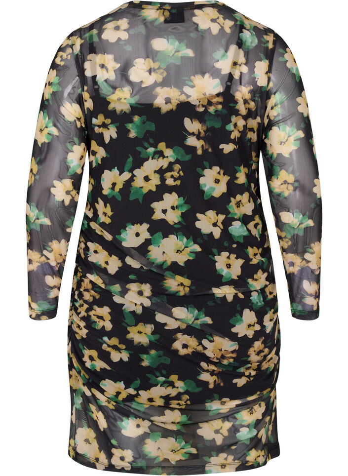 Close-fitting mesh dress with 3/4 sleeves, Yellow Green AOP, Packshot image number 1