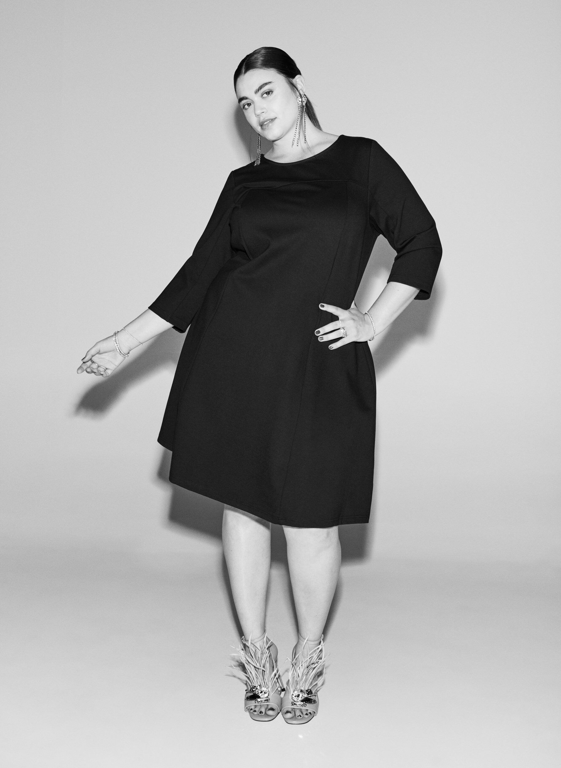 ZizzifashionA-shaped dress with 3/4 sleeves, Black, Image image number 0