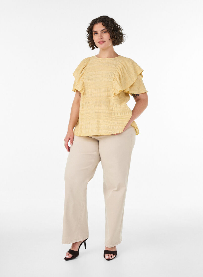 Blouse with smocked texture and ruffle sleeves, Yellow, Model image number 1