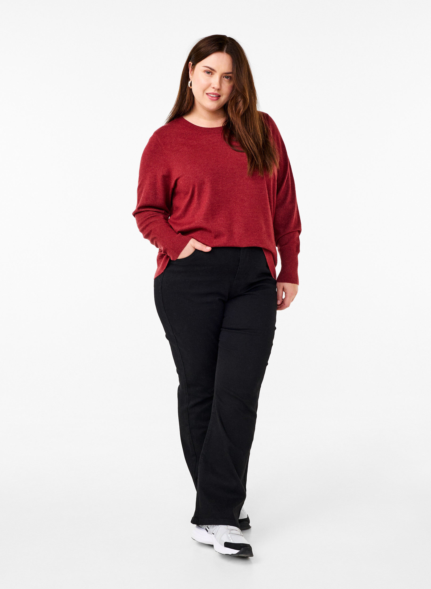 ZizzifashionKnitted blouse with a round neck, Red, Model image number 1