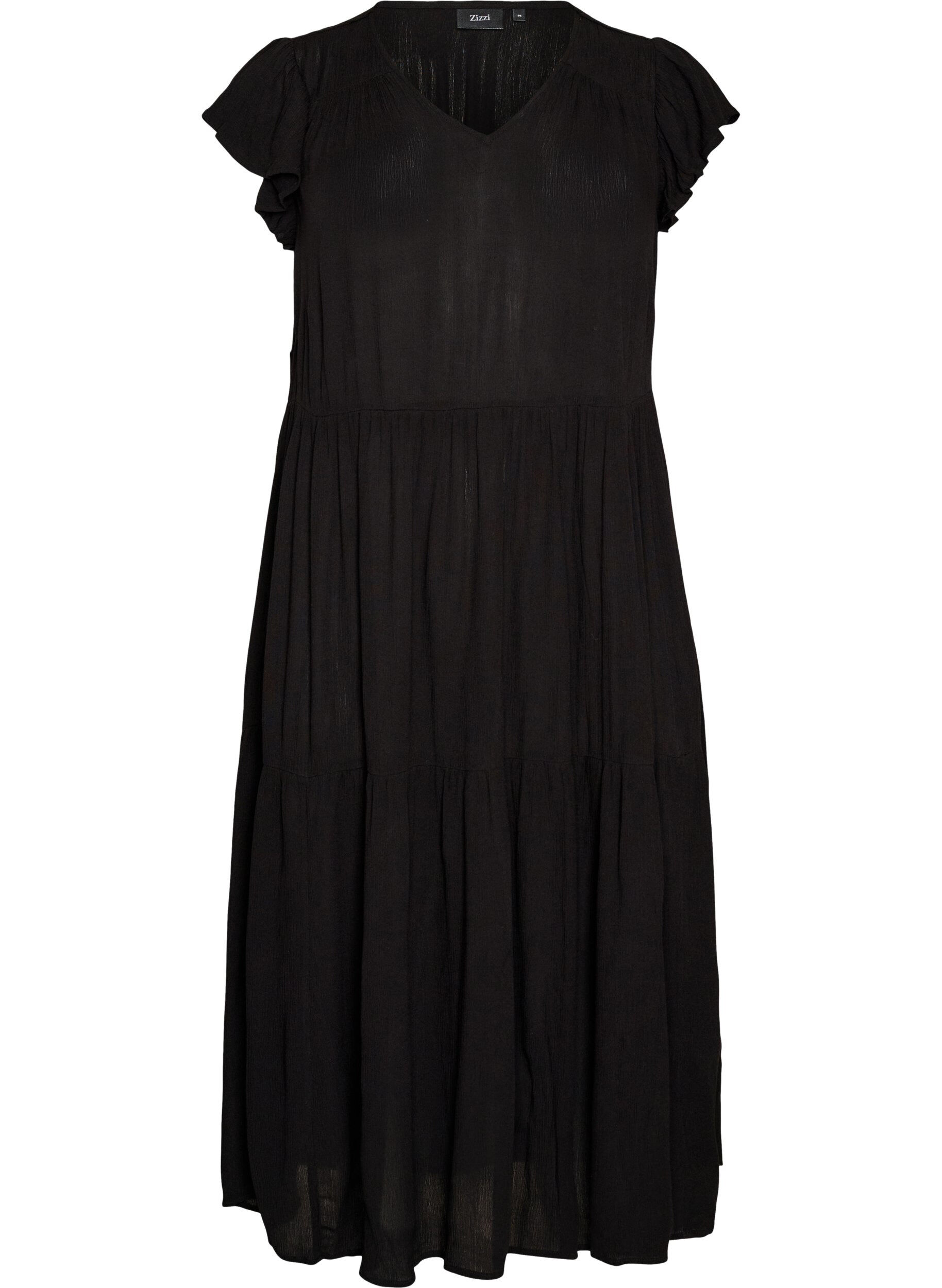 Zizzifashion Midi dress in viscose with ruffle sleeves, Black, Packshot image number 0
