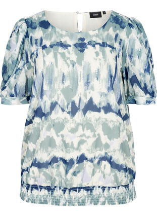 Printed blouse with puff sleeves and smocking, Chinois Green AOP, Packshot image number 0