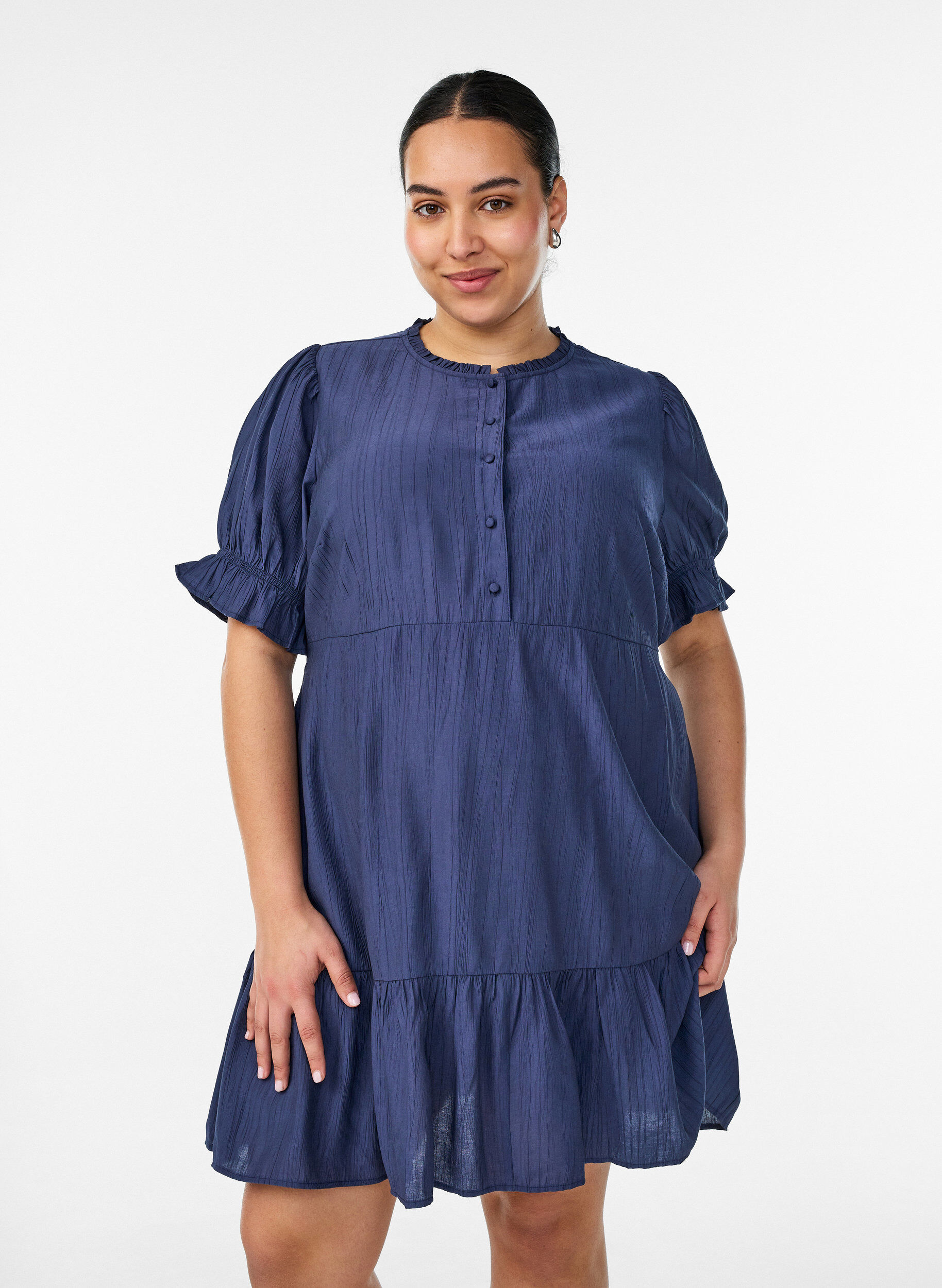 Zizzifashion Short viscose dress with ruffle details, Blue, Model image number 0