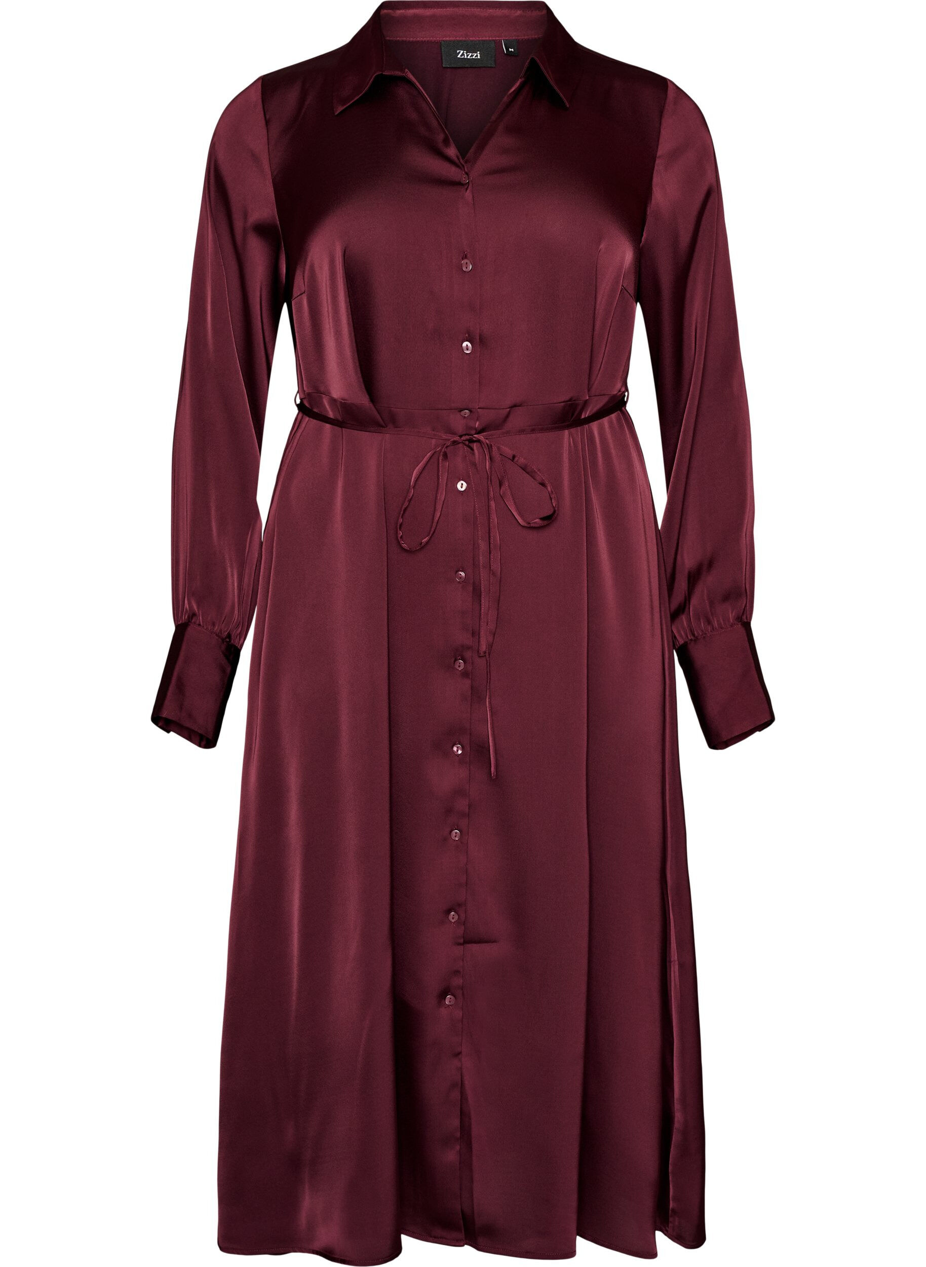 ZizzifashionSatin shirt dress with a tie-belt, Red, Packshot image number 0