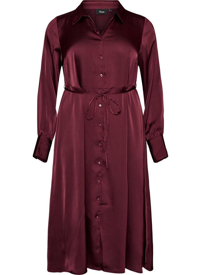 Satin shirt dress with a tie-belt, Red, Packshot image number 0