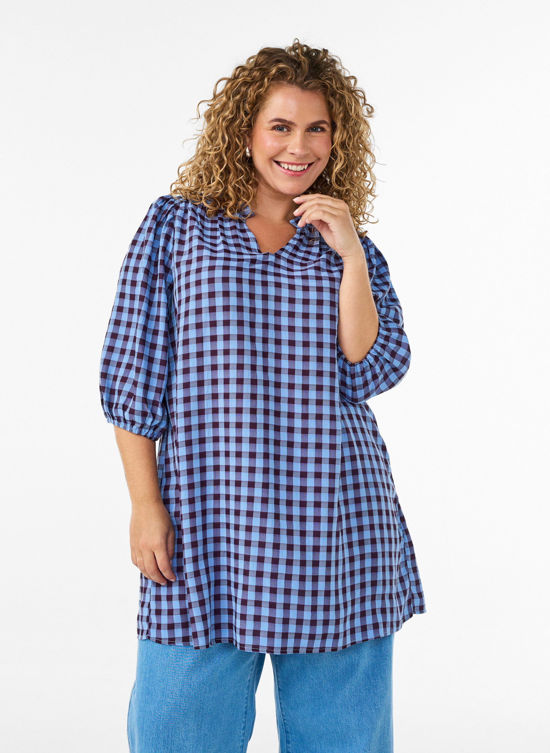 ZizzifashionTunic with gingham check and ruffle collar, Blue, Model image number 0