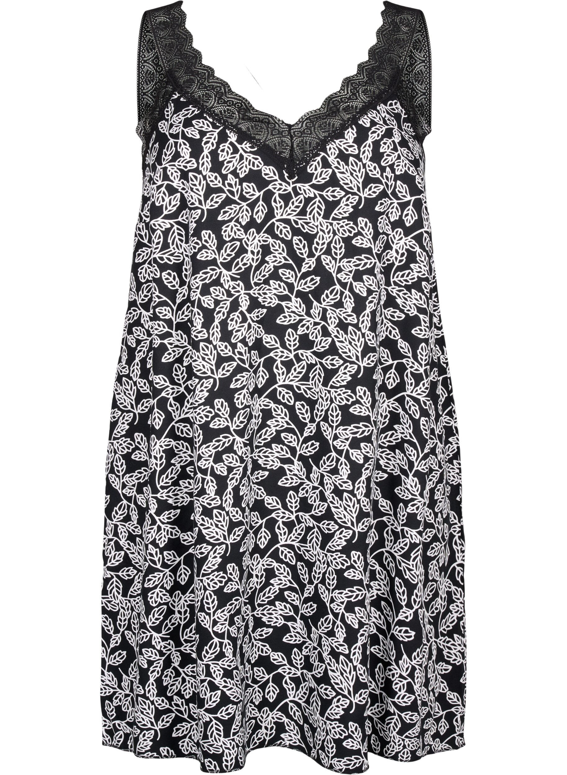 Zizzifashion Strap dress in viscose with lace, Black w. Wh.Leaf AOP, Packshot image number 0