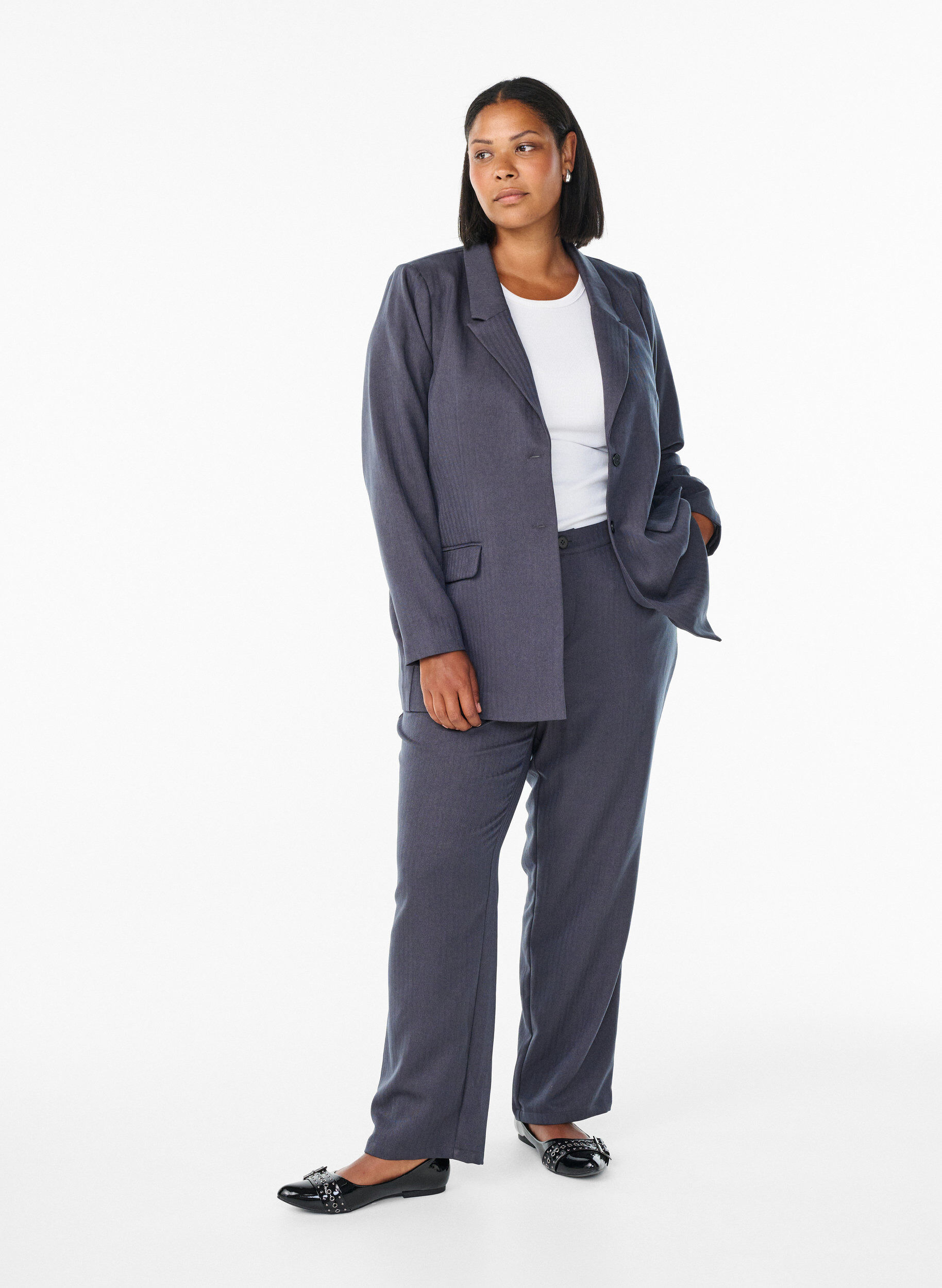 Suit trousers with straight legs and textured pattern, Dark Grey, Model