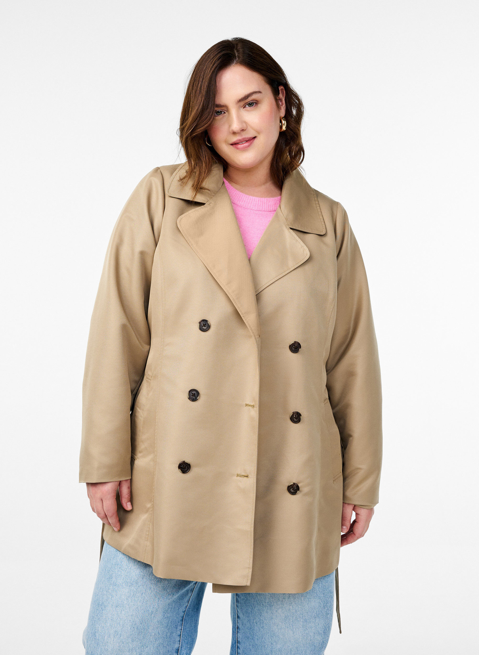 Short trench coat with belt, Beige, Model