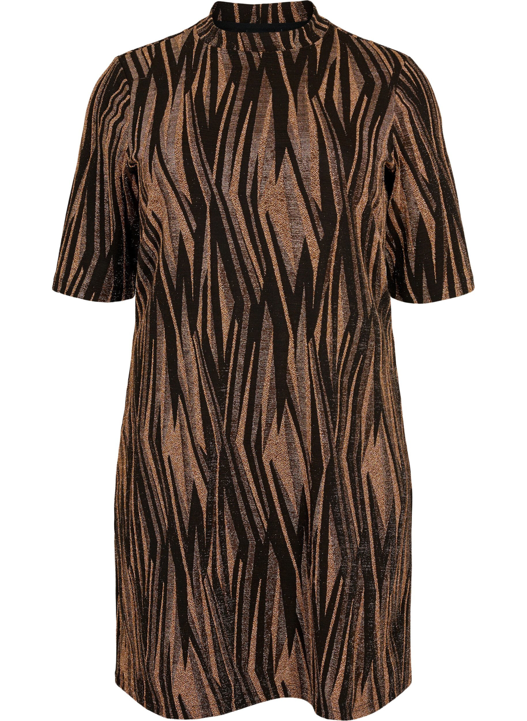 Zizzifashion Patterned dress with glitter and short sleeves, Black w. Copper, Packshot image number 0