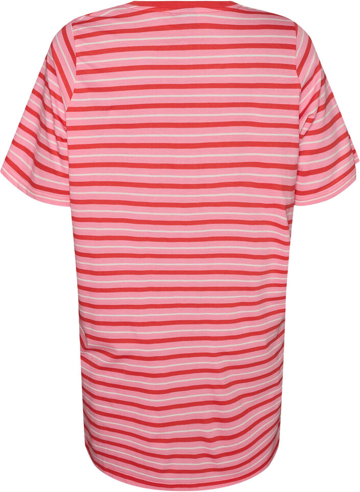 Long oversized striped T-shirt in organic cotton, Pink, Packshot image number 1