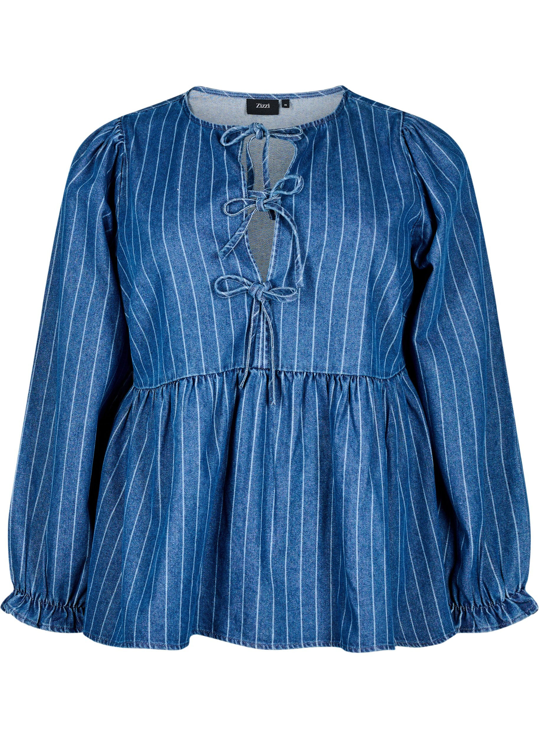 Zizzifashion Striped denim blouse with front tie, Blue, Packshot image number 0