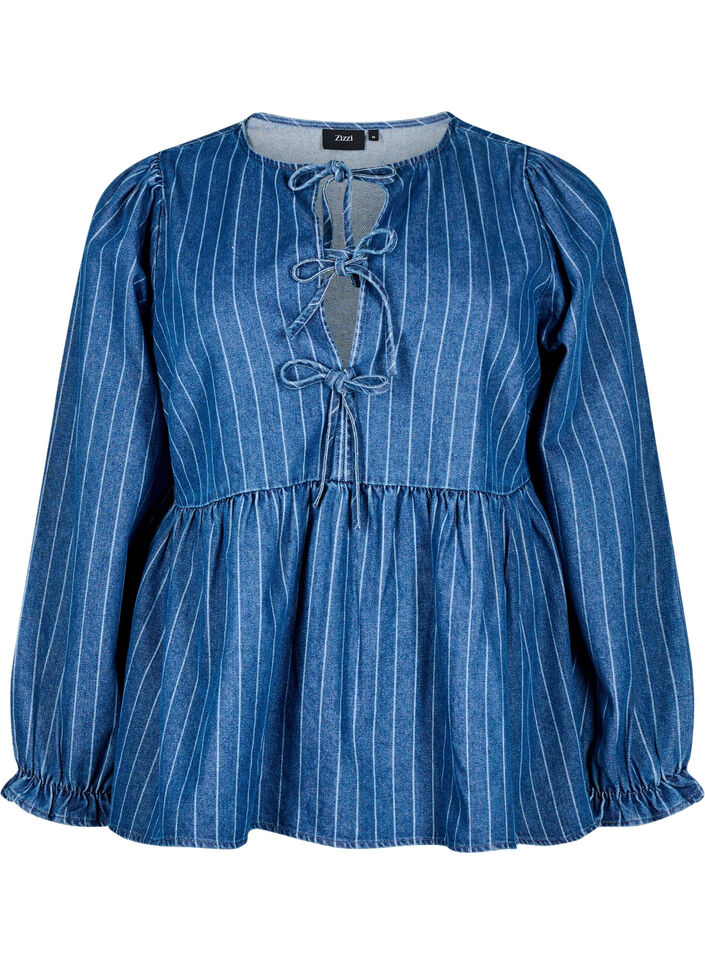 Striped denim blouse with front tie, Blue, Packshot image number 0