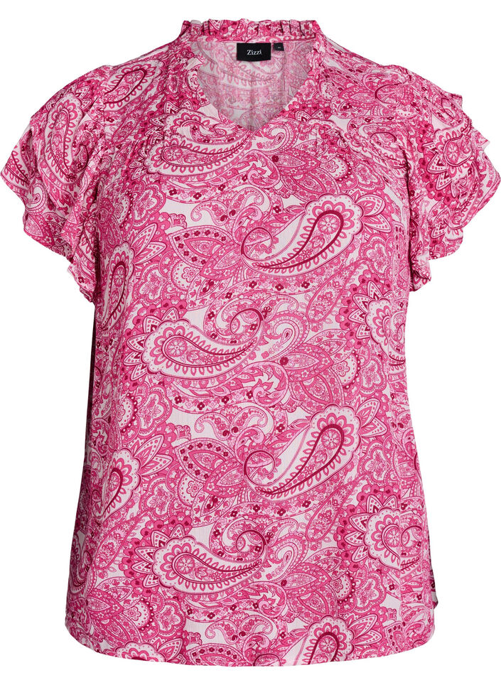 Patterned viscose blouse with ruffle details, Pink, Packshot image number 0
