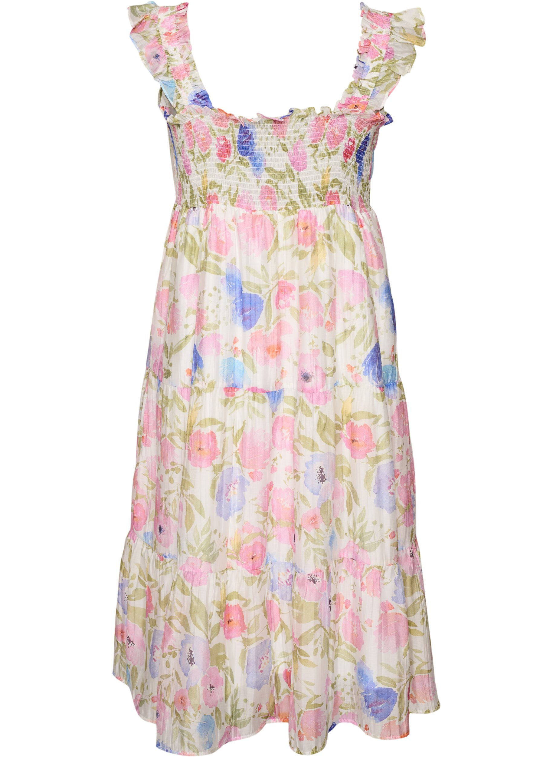 Zizzifashion Long floral dress in lyocell with ruffles, White, Packshot image number 1