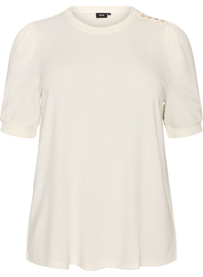 Blouse with button detail and short puff sleeves, Beige, Packshot image number 0
